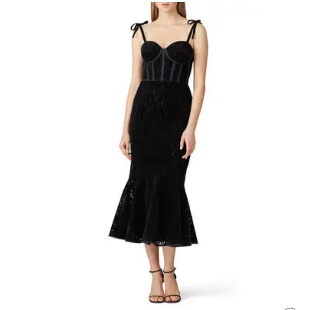 ml monique lhuillier velvet ruffle hem midi dress size 12 black C0
